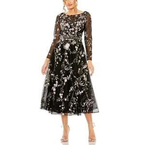 Mac Duggal Floral Embroidered Long Sleeve Dress Black Pink Plus Sz 22 NWT 20476